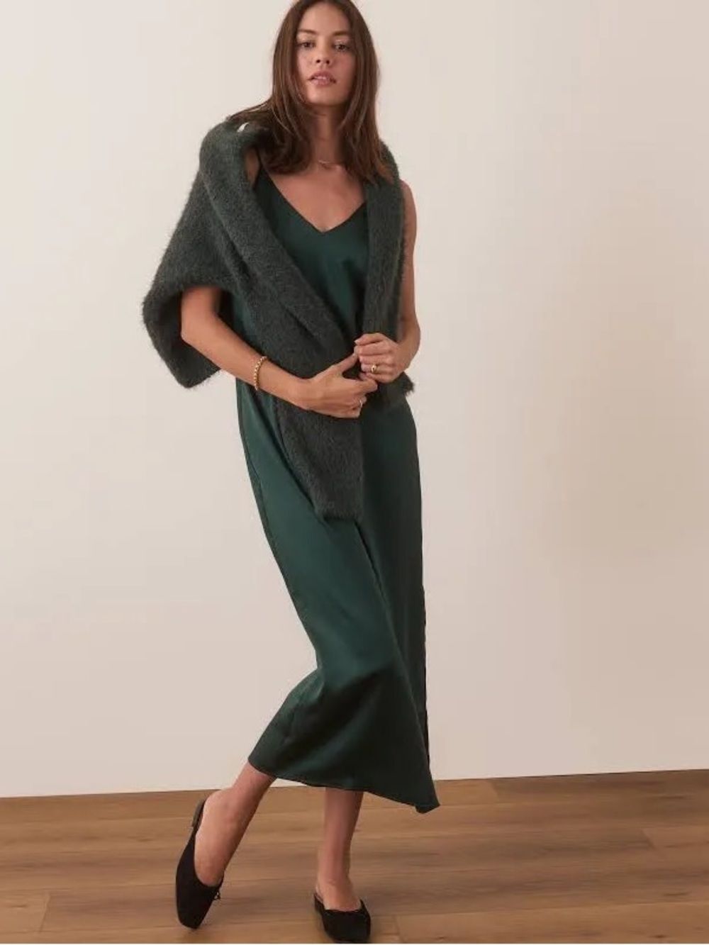 Marine Layer Dark Green Evergreen Satin Slip Midi Dress M